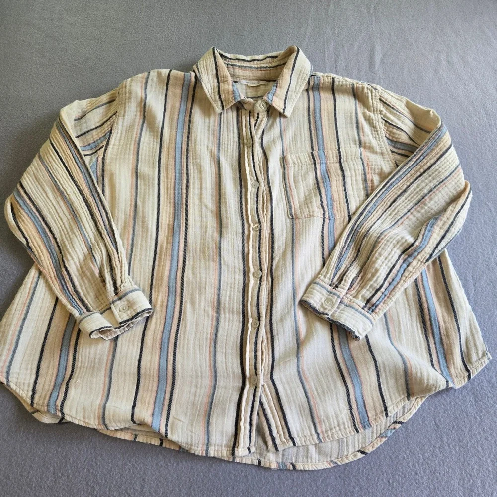 O'Neill Button Down Shirt Womens L Cream Striped Cotton Gauze Long Sleeve Easten - Picture 2 of 7